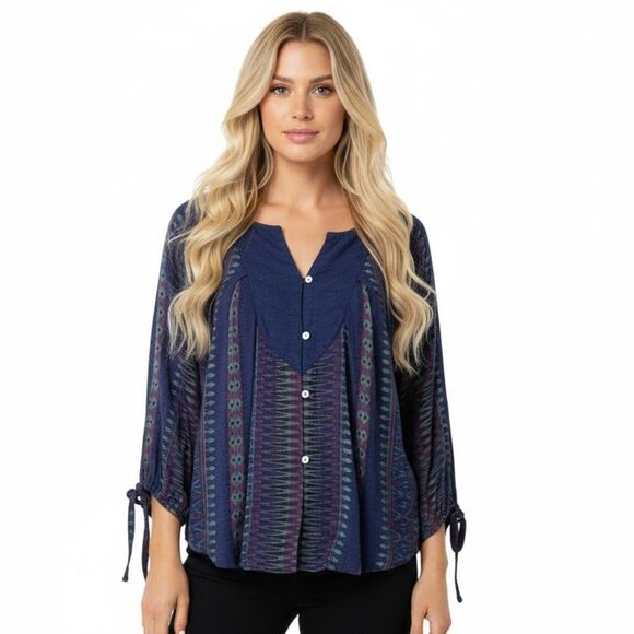 Roxy Blue Purple Boho Print Flowy Button Front Top Size Small - Picture 1 of 6